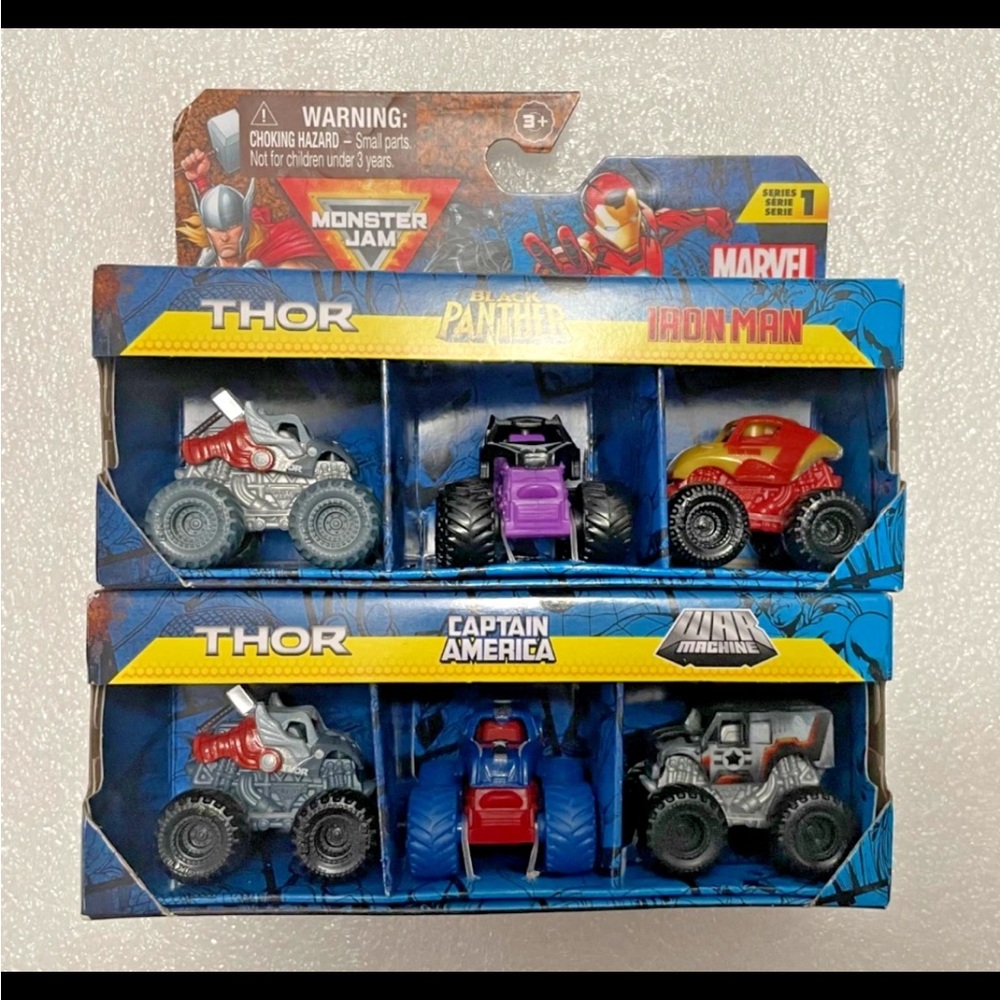 Monster Jam Marvel Mini Monster Trucks 6 in all THOR, WAR MACHINE, ETC.